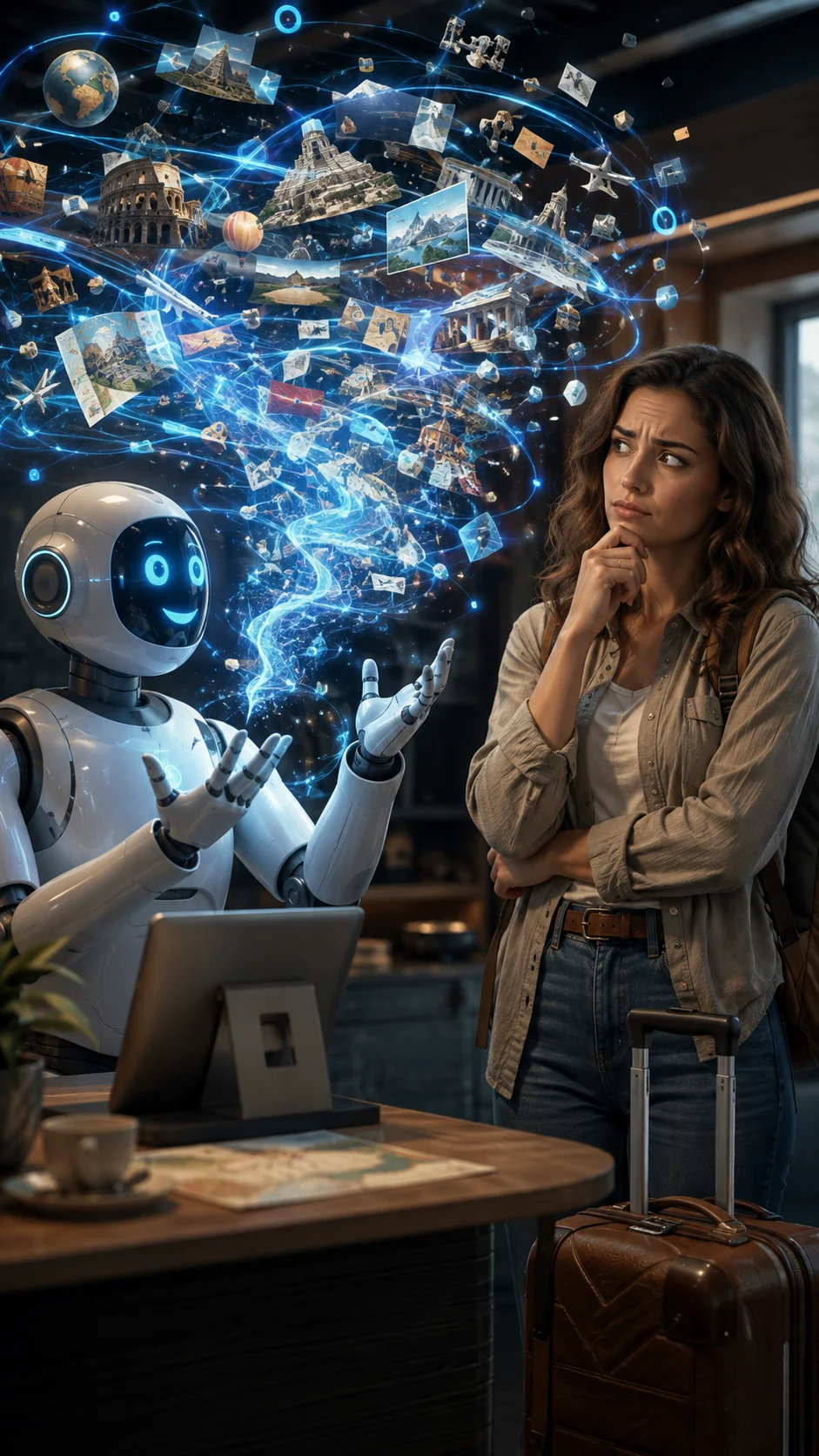 Un robot genérico suelta una maraña de datos con total seguridad mientras una viajera lo escucha con una ceja levantada, dudando de lo que oye