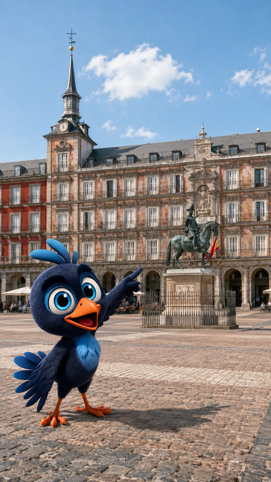 Mappy, plantado en una plaza concreta, señala con seguridad un edificio real que tiene delante, mostrando que habla de lo que conoce