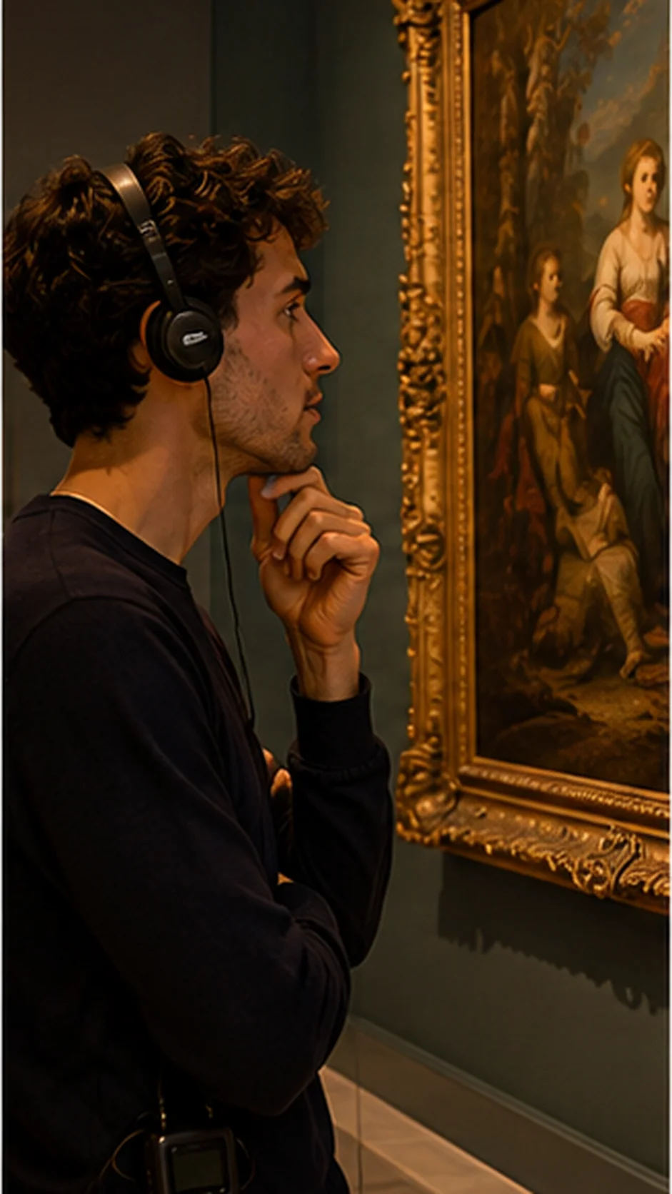 Una visitante dentro de un museo, con los auriculares clásicos de una audioguía, escucha concentrada frente a un cuadro