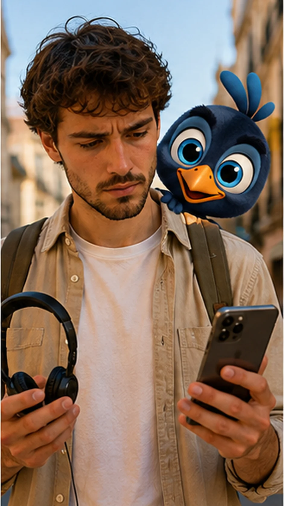 Una viajera sopesa sus dos opciones: en una mano los auriculares de una audioguía y en la otra el móvil con Mappy asomando, mientras decide con cuál seguir