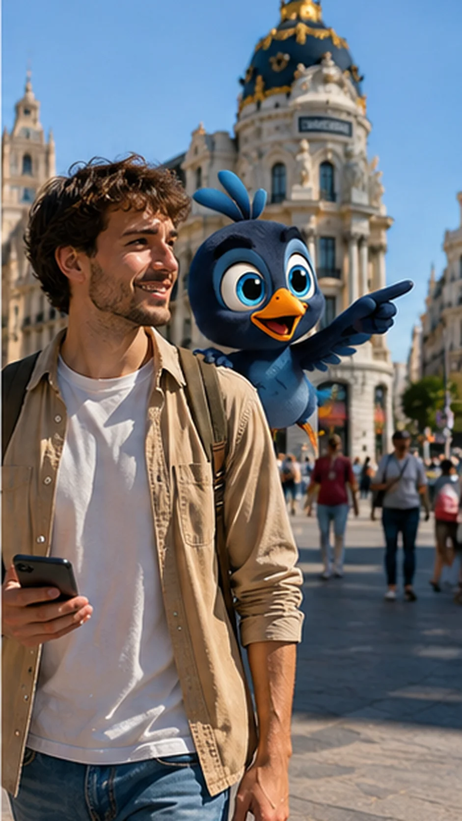 Mappy camina junto a una viajera por una calle animada de la ciudad, señalando un edificio mientras ella lo mira