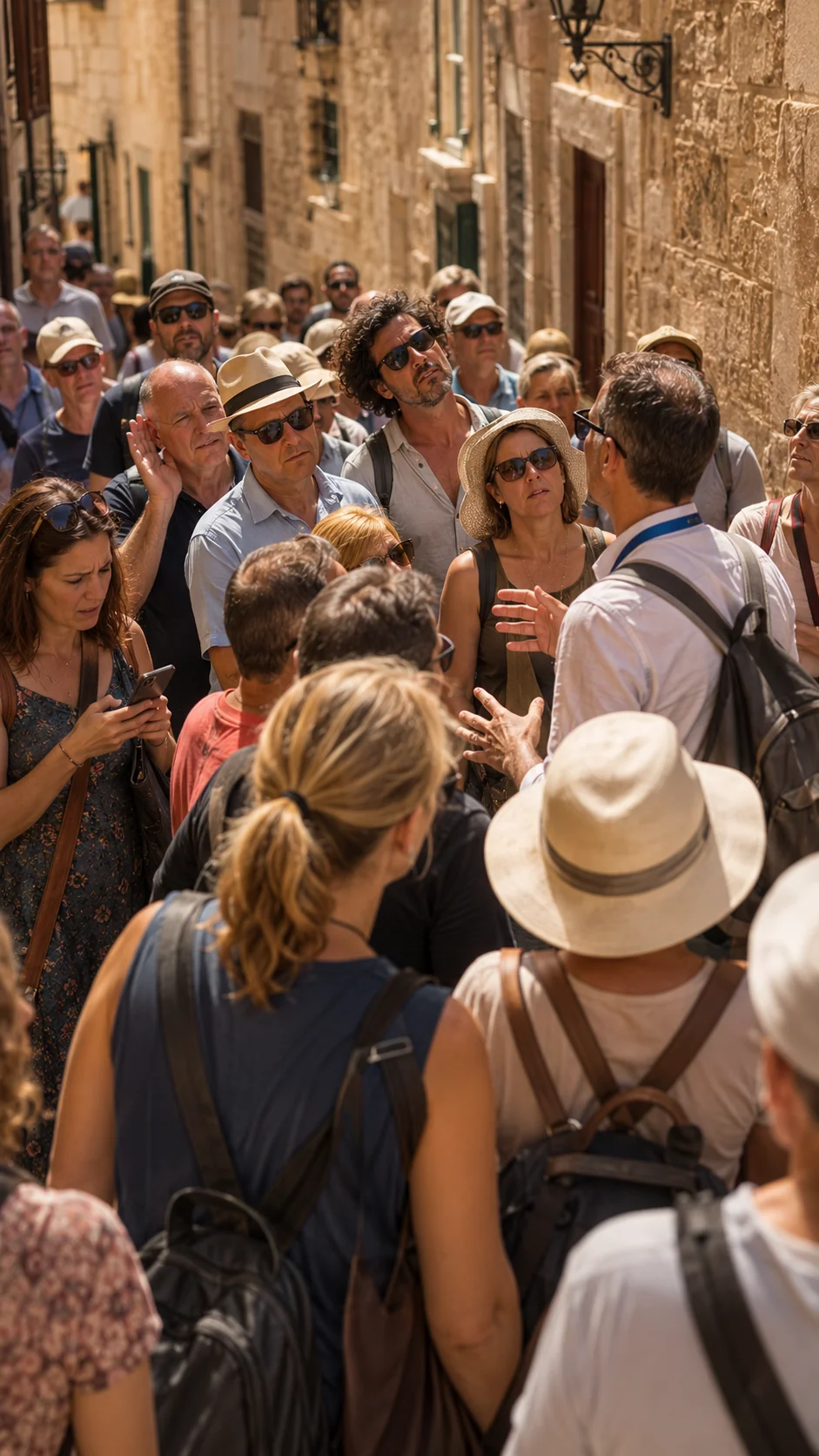 Un grupo numeroso de turistas apiñado alrededor de un guía en una calle estrecha; los de las últimas filas estiran el cuello y no alcanzan a oír bien