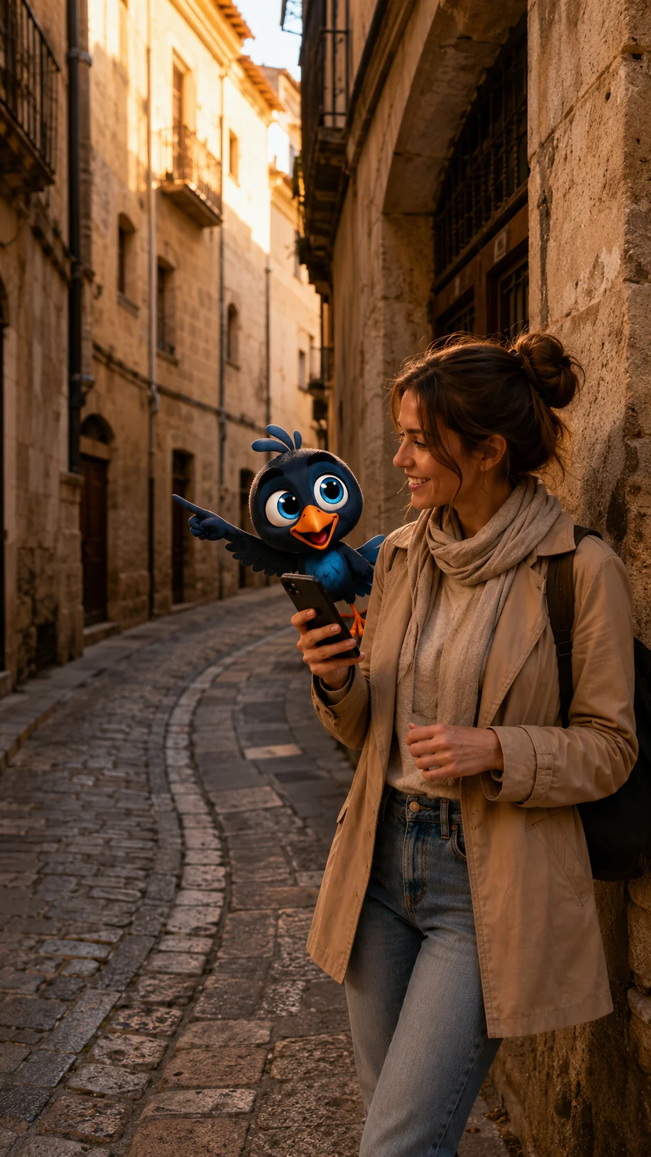Una calle estrecha del casco antiguo que hace un quiebro extraño; Mappy, desde el móvil de la viajera, le señala el trazado de la curva