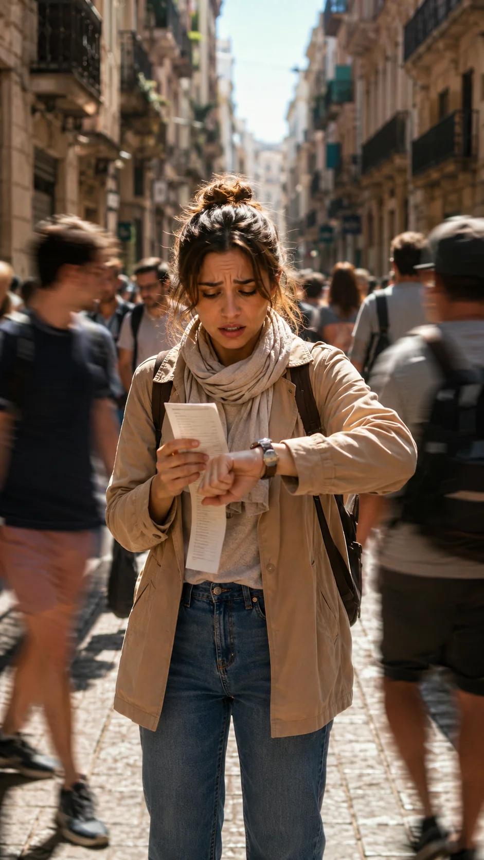 Una turista agobiada en mitad de una calle consulta una larga lista de sitios pendientes en un papel mientras mira el reloj y la gente pasa borrosa a su alrededor
