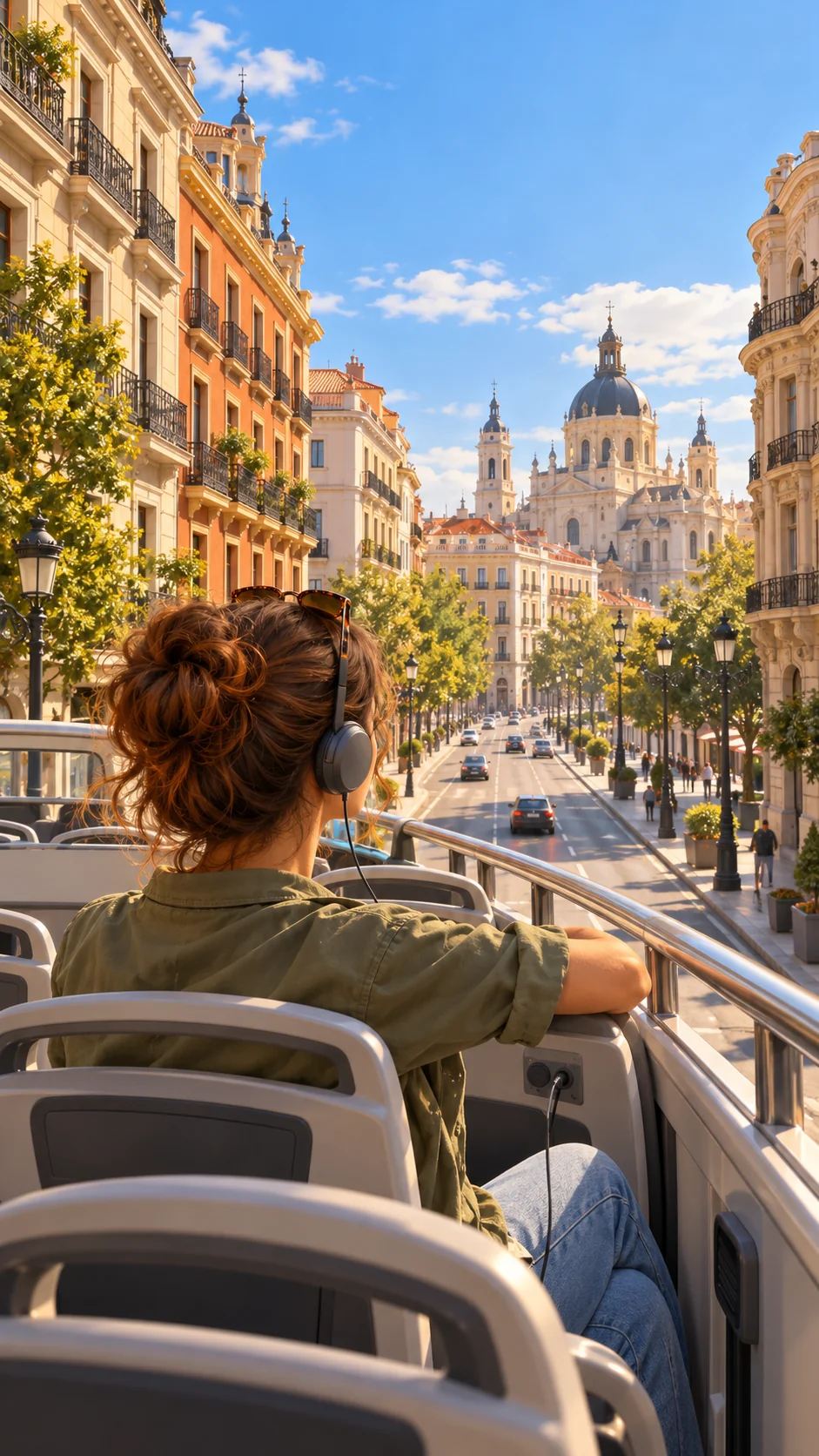 Una viajera relajada en el piso de arriba descubierto de un autobús turístico, con auriculares, mientras delante se abre una avenida amplia y soleada con grandes fachadas
