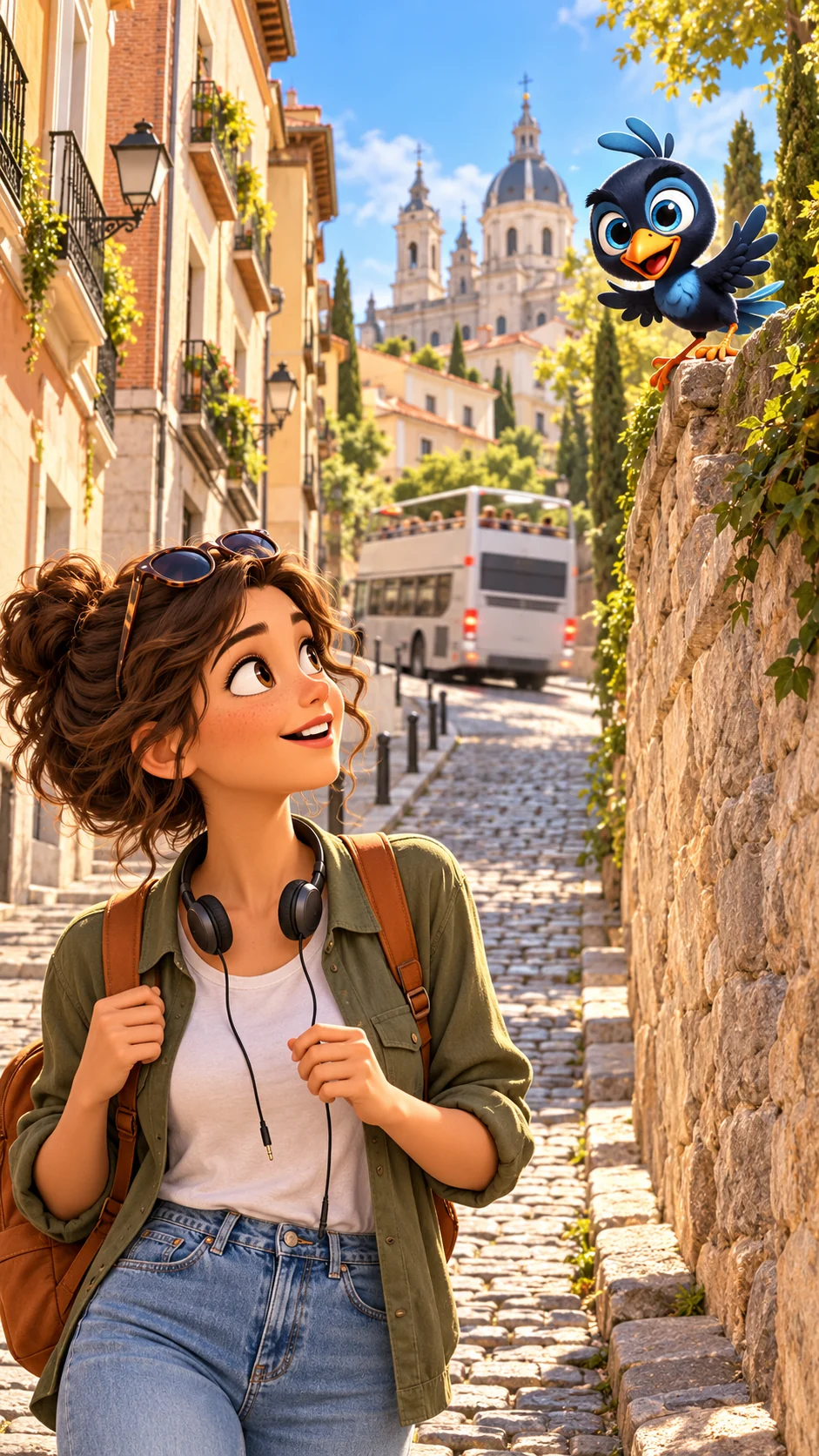 La viajera acaba de bajar del autobús en una calle empedrada en cuesta, junto a un muro de piedra antigua; lleva al cuello los auriculares del bus, desenchufados, mientras el autobús se aleja y Mappy la espera encaramado al muro