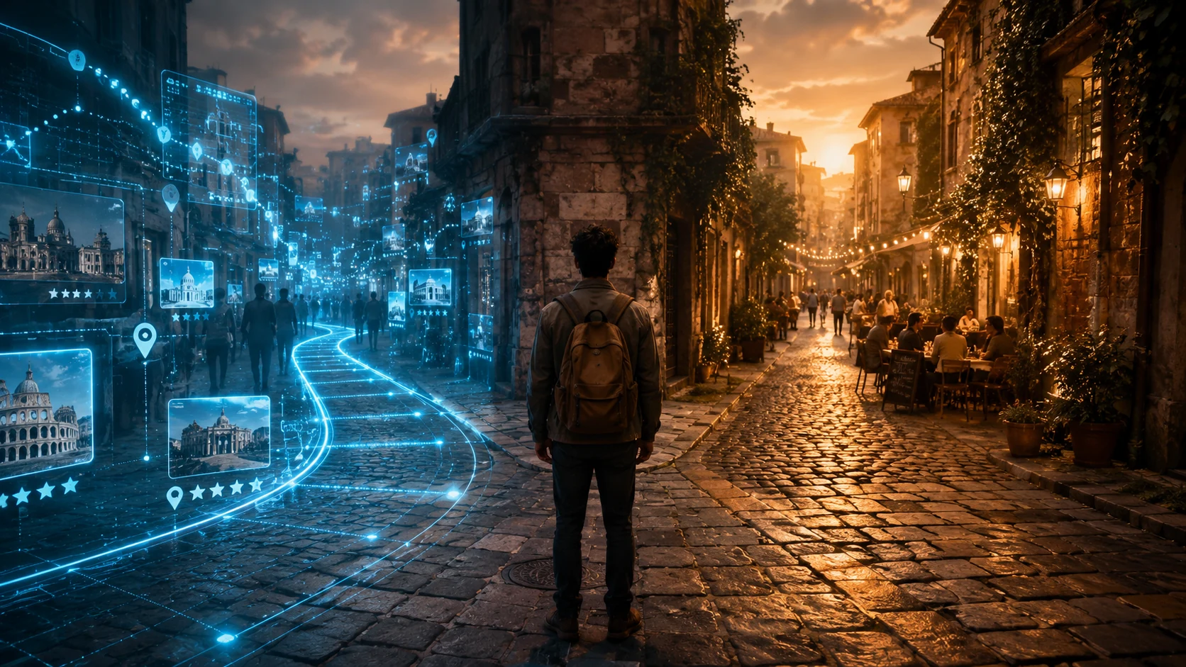Viajeros divididos entre seguir la ruta que marca el móvil y explorar la ciudad con espontaneidad, símbolo de la tensión entre el viaje hiperplanificado y la esencia de viajar