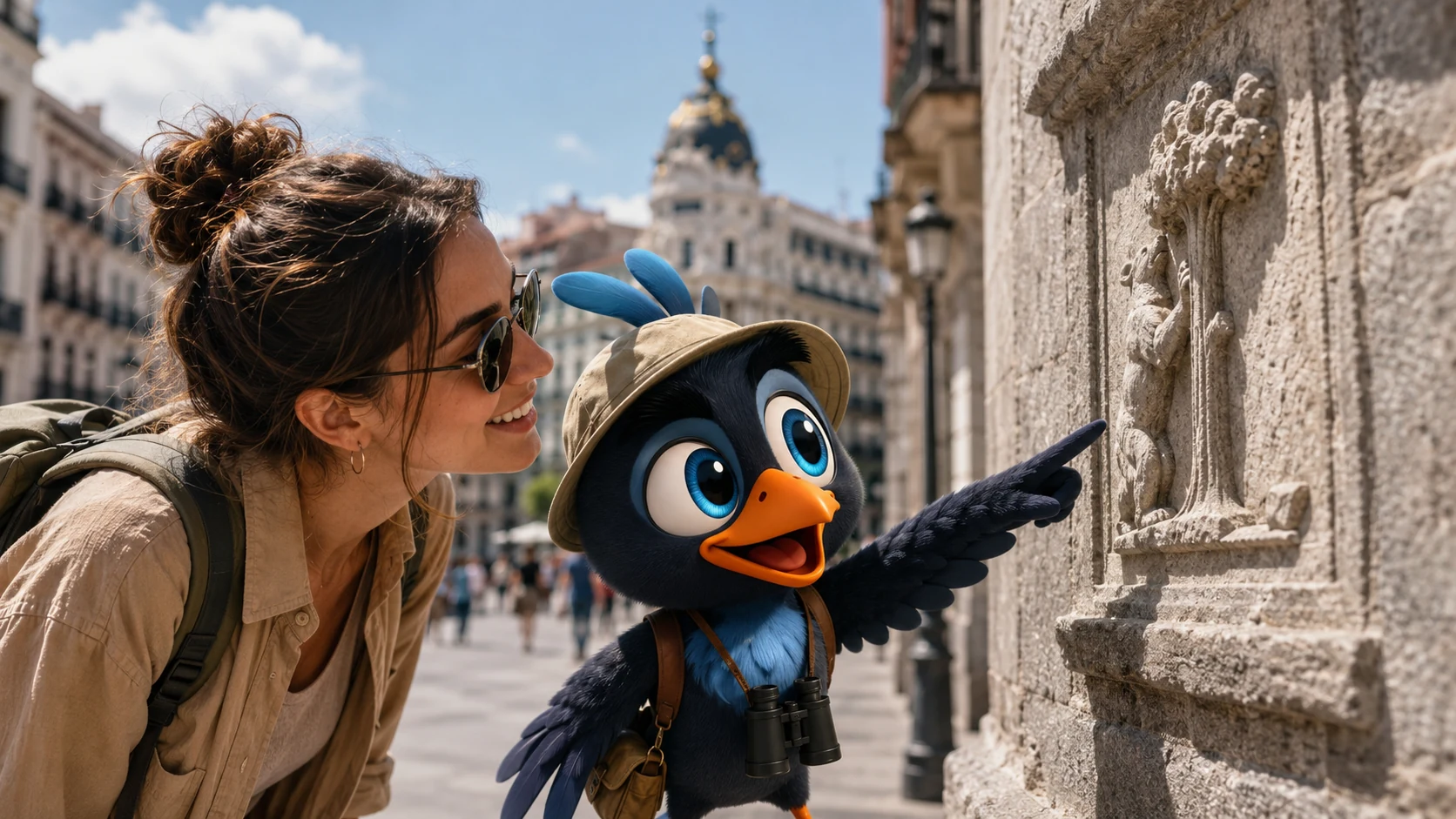 Mappy acompaña a una viajera por una ciudad como un guía cercano, señalando un detalle mientras ella descubre el lugar a su ritmo