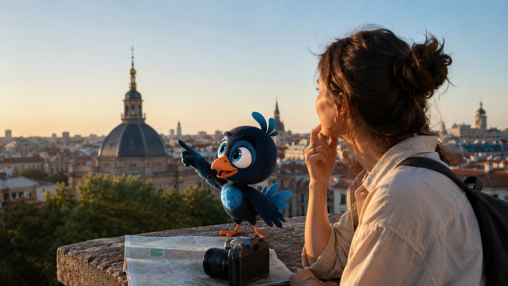 Mappy muestra a una viajera un detalle real de un edificio y le señala de dónde sale lo que cuenta, mientras ella lo comprueba con sus propios ojos