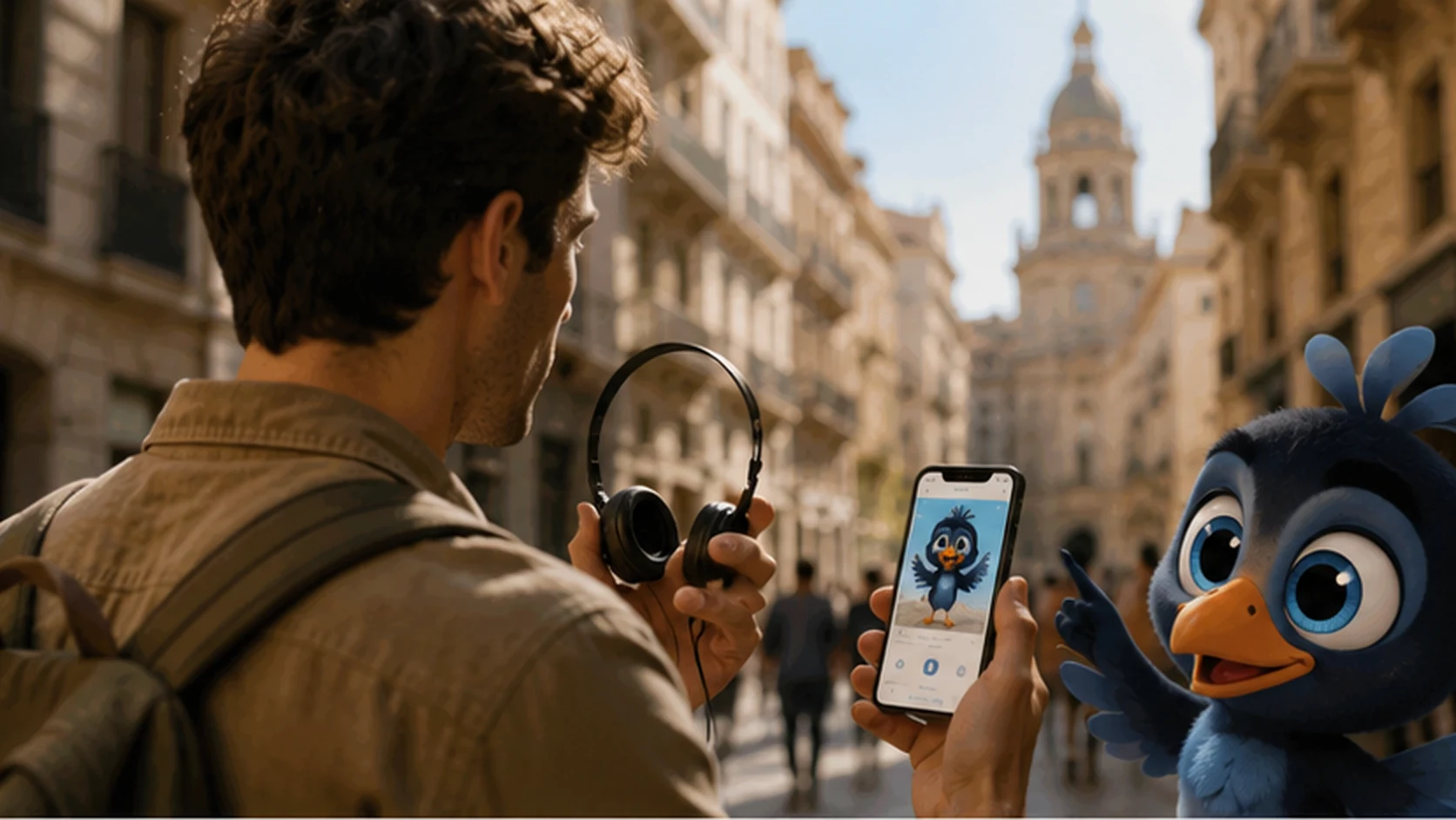 Una viajera en una calle sostiene unos auriculares de audioguía en una mano mientras Mappy, a su lado, la acompaña desde el móvil; ella decide cuál usar