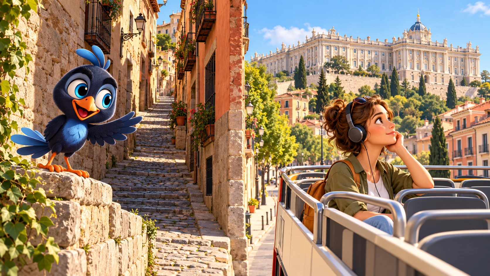 Desde el piso de arriba de un autobús turístico, una viajera con auriculares mira hacia un palacio en lo alto; en primer plano, una cuesta estrecha sube entre muros de piedra antigua, y al pie de ella la espera Mappy
